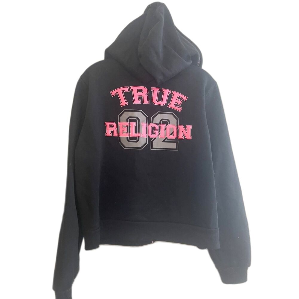 True Religion Hoodie Black & Pink Spell Out Front & Back Graphic NWT *FLAW Sz XL